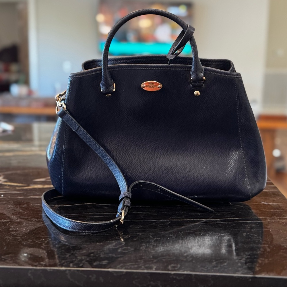 Coach Navy Leather Satchel “Margot Carryall” with Gold Hardware